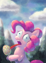 Size: 720x984 | Tagged: safe, artist:1trick, imported from derpibooru, pinkie pie, candy, female, lollipop, solo, stuck