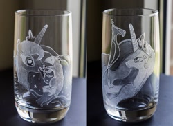 Size: 1024x745 | Tagged: safe, artist:rtry, artist:rtryart, imported from derpibooru, philomena, princess celestia, princess luna, tiberius, phoenix, craft, engraving, glass