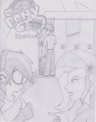 Size: 2550x3234 | Tagged: safe, artist:ponysubmarine, imported from derpibooru, dj pon-3, trixie, vinyl scratch, wiz kid, equestria girls, argument, bachelor, background human, fan comic, monochrome, pencil drawing, traditional art