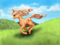 Size: 1600x1200 | Tagged: safe, artist:ablm, imported from derpibooru, applejack, female, galloping, hatless, missing accessory, running, solo