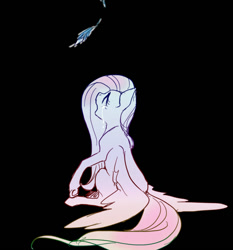 Size: 708x760 | Tagged: safe, artist:pasikon, imported from derpibooru, fluttershy, pegasus, pony, black background, feather, female, gradient, pixiv, simple background, solo, wings, wings down