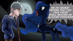 Size: 3840x2160 | Tagged: safe, artist:herostrain, imported from derpibooru, princess luna, human, pony, crossover, duo, jack frost, rise of the guardians