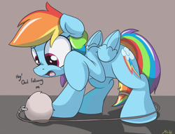 Size: 900x688 | Tagged: dead source, safe, artist:mistydash, imported from derpibooru, rainbow dash, pegasus, pony, behaving like a cat, confused, cute, dashabetes, female, mare, open mouth, signature, silly, silly pony, simple background, solo, text, toy