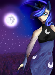 Size: 609x817 | Tagged: safe, artist:rabidpanda7, imported from derpibooru, human, clothes, dress, eared humanization, horned humanization, humanized, moon, solo