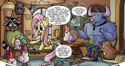 Size: 1400x738 | Tagged: safe, artist:agnesgarbowska, idw, imported from derpibooru, angel bunny, fluttershy, iron will, spoiler:comic, spoiler:comicff10