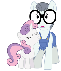 Size: 891x1039 | Tagged: safe, imported from derpibooru, silver shill, sweetie belle, earth pony, pony, unicorn, claire corlett, ian james corlett, voice actor joke