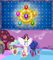 Size: 1280x1440 | Tagged: safe, edit, edited screencap, imported from derpibooru, screencap, princess celestia, princess luna, twilight sparkle, alicorn, pony, friendship is magic, princess twilight sparkle (episode), comparison, drama, elements of harmony, female, mare, twilight sparkle (alicorn)