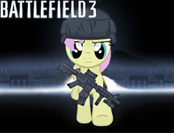 Size: 900x689 | Tagged: safe, artist:osakahatsunemikuo, imported from derpibooru, fluttershy, battlefield, battlefield 3, butterscotch, crossover, gun, mk.18, rule 63