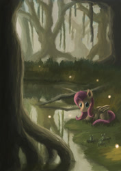 Size: 1240x1754 | Tagged: safe, artist:plainoasis, imported from derpibooru, fluttershy, frog, female, forest, scenery, solo