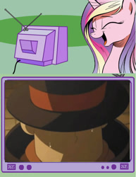 Size: 565x732 | Tagged: safe, imported from derpibooru, princess cadance, cadance laughs at your misery, exploitable meme, hershel layton, meme, obligatory pony, professor layton, professor layton and the lost future, professor layton and the unwound future, spoilers for another series