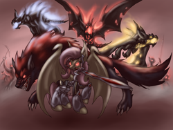 Size: 1024x768 | Tagged: safe, artist:cyrilunicorn, imported from derpibooru, fluttershy, bat, vampire, wolf, armor, badass, blade, crossover, flutterbadass, flutterbat, ponified, sacred, sacred: underworld, sword, video game, weapon