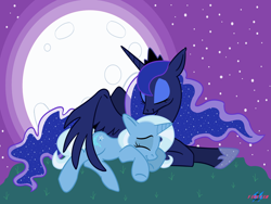 Size: 2000x1500 | Tagged: safe, artist:princesshighmist, imported from derpibooru, princess luna, trixie, pony, unicorn, female, hug, lesbian, luxie, mare, moon, shipping, winghug