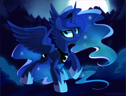 Size: 1370x1041 | Tagged: safe, artist:pepooni, imported from derpibooru, princess luna, alicorn, cute, female, lunabetes, moon, mountain, night, solo, spread wings