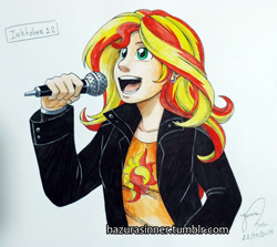 Size: 739x660 | Tagged: safe, artist:hazurasinner, imported from derpibooru, sunset shimmer, human, equestria girls, rainbow rocks, female, humanized, microphone, solo, traditional art, welcome to the show