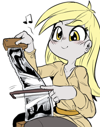 Size: 454x576 | Tagged: safe, artist:nekubi, imported from derpibooru, derpy hooves, equestria girls, rainbow rocks, blushing, clothes, cute, derpabetes, female, musical instrument, musical saw, saw, simple background, smiling, white background