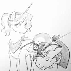 Size: 1600x1600 | Tagged: safe, artist:kianamai, imported from derpibooru, oc, oc only, oc:creme-de-la-creme, oc:golden delicious, bat, vampire fruit bat, kilalaverse, next generation, offspring, parent:applejack, parent:caramel, parent:fancypants, parent:fleur-de-lis, parents:carajack, parents:fancyfleur, pencil drawing, traditional art