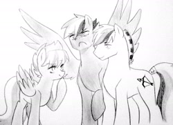 Size: 2048x1484 | Tagged: safe, artist:kianamai, imported from derpibooru, oc, oc only, oc:fletcher, oc:prism bolt, oc:whirlwind, kilalaverse, jealous, next generation, offspring, parent:cloudchaser, parent:rainbow dash, parent:soarin', parent:thunderlane, parents:soarindash, parents:thunderchaser, pencil drawing, traditional art