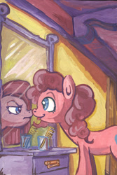 Size: 775x1159 | Tagged: safe, artist:lexx2dot0, imported from derpibooru, pinkamena diane pie, pinkie pie, duality, female, gouache, mirror, reflection, scenery, solo, traditional art
