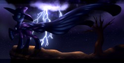 Size: 3264x1673 | Tagged: safe, artist:tidalwav-3, imported from derpibooru, mare do well, cape, cliff, clothes, cloud, dead tree, lighting, night, solo, tree