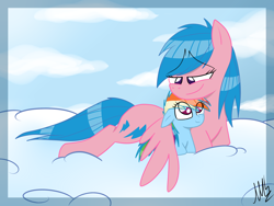 Size: 2592x1944 | Tagged: safe, artist:mishti14, imported from derpibooru, firefly, rainbow dash, cloud, cloudy, mother and daughter, winghug