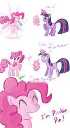 Size: 1024x1863 | Tagged: safe, artist:feather, imported from derpibooru, pinkie pie, twilight sparkle, comic, dialogue, duo, eyes closed, levitation, magic, teleportation