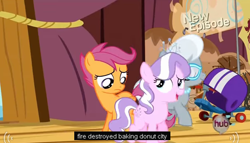 Size: 606x347 | Tagged: safe, imported from derpibooru, screencap, diamond tiara, scootaloo, silver spoon, flight to the finish, helmet, hub logo, meme, scooter, youtube caption