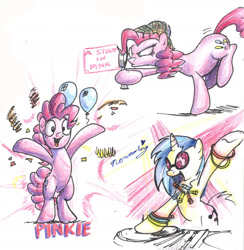 Size: 1974x2023 | Tagged: safe, artist:mattings, imported from derpibooru, dj pon-3, pinkie pie, vinyl scratch, pony, balloon, bipedal, deerstalker, glowstick, hat, magnifying glass, traditional art