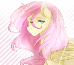 Size: 1926x1680 | Tagged: source needed, useless source url, safe, artist:cristate, imported from derpibooru, fluttershy, butterfly, pegasus, pony, alternate hairstyle, chains, female, mare, one eye closed, solo, striped background