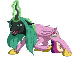 Size: 1327x1052 | Tagged: safe, artist:ossultous, imported from derpibooru, queen chrysalis, changeling, changeling queen, disguise, disguised changeling, fake cadance, fake cutie mark, fangs, female, floppy ears, magic, shapeshifting, sharp teeth, simple background, solo, transparent background