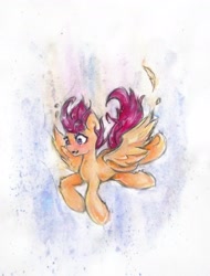 Size: 2340x3079 | Tagged: safe, artist:catseye-view, imported from derpibooru, scootaloo, falling, female, solo, spread wings, traditional art, watercolor painting