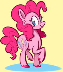 Size: 355x405 | Tagged: dead source, safe, artist:squirrelsphere, imported from derpibooru, pinkie pie, earth pony, pony, cute, diapinkes, female, heart eyes, mare, no pupils, simple background, solo, unshorn fetlocks, wingding eyes, yellow background