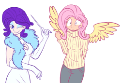 Size: 943x647 | Tagged: safe, artist:fizzy-dog, imported from derpibooru, fluttershy, rarity, human, cleavage, clothes, female, horn wand, humanized, spread wings, sweater, sweatershy, turtleneck, wand, winged humanization