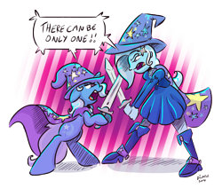 Size: 4000x3534 | Tagged: safe, artist:dilarus, deleted from derpibooru, imported from derpibooru, trixie, unicorn, equestria girls, absurd resolution, angry, cape, clothes, duo, duo female, female, fight, hat, highlander, hoof hold, human ponidox, self paradox, simple background, speech bubble, sword, sword fight, there can be only one, transparent background, trixie's cape, trixie's hat