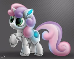 Size: 2500x2000 | Tagged: safe, alternate version, artist:symbianl, imported from derpibooru, sweetie belle, pony, robot, robot pony, unicorn, female, filly, foal, hooves, horn, raised hoof, solo, sweetie bot