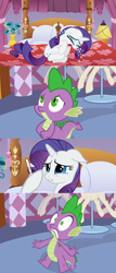 Size: 1050x2450 | Tagged: source needed, safe, edit, edited screencap, imported from derpibooru, screencap, rarity, spike, dragon, pony, unicorn, 4 panel comic, bed, bedroom, carousel boutique, comic, crying, editor needed, female, floppy ears, implied prince blueblood, implied rape, implied sex, male, mare, pregnancy test, sad, screencap comic, shocked