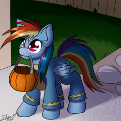 Size: 1000x1000 | Tagged: safe, artist:silverfox057, imported from derpibooru, rainbow dash, clothes, costume, female, filly, filly rainbow dash, halloween, mouth hold, pumpkin bucket, signature, solo, trick or treat, uniform, wonderbolts, wonderbolts uniform