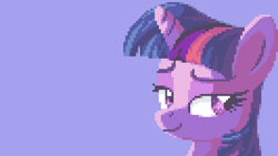 Size: 3556x2000 | Tagged: safe, artist:pix3m, imported from derpibooru, part of a set, twilight sparkle, pony, unicorn, blue background, female, mare, pixel art, simple background, smiling, smirk, smug, solo, unicorn twilight, wallpaper