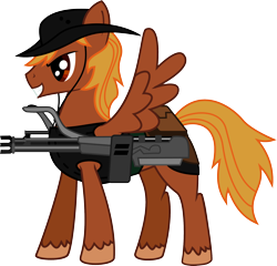 Size: 2260x2171 | Tagged: safe, artist:brisineo, imported from derpibooru, oc, oc only, oc:calamity, pegasus, pony, fallout equestria, battle saddle, fanfic, fanfic art, gun, hat, male, rifle, simple background, smiling, solo, stallion, transparent background, vector, weapon, wings