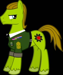 Size: 822x972 | Tagged: safe, artist:brisineo, imported from derpibooru, oc, oc only, oc:applesnack, oc:steelhooves, earth pony, pony, fallout equestria, black background, colored, cutie mark, fanfic, fanfic art, hooves, male, ministry of wartime technology, simple background, solo, stallion, vector