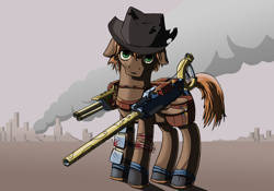 Size: 1500x1050 | Tagged: safe, artist:spyroconspirator, imported from derpibooru, oc, oc only, oc:calamity, pegasus, pony, fallout equestria, battle saddle, fanfic, fanfic art, gun, hat, male, rifle, saddle bag, smoke, solo, stallion, wasteland, weapon, wings