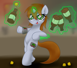 Size: 3412x3000 | Tagged: safe, artist:jetwave, imported from derpibooru, oc, oc only, oc:littlepip, pony, unicorn, fallout equestria, bottle, clothes, drunk, fanfic, fanfic art, female, glowing horn, horn, magic, mare, pipbuck, solo, telekinesis