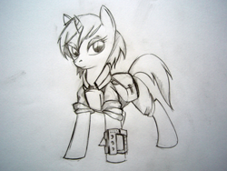 Size: 3072x2304 | Tagged: safe, artist:lachasseauxhiboux, imported from derpibooru, oc, oc only, oc:littlepip, pony, unicorn, fallout equestria, black and white, clothes, fanfic, fanfic art, female, grayscale, jumpsuit, mare, monochrome, pipbuck, saddle bag, simple background, sketch, solo, traditional art, vault suit, white background