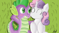 Size: 1280x720 | Tagged: safe, artist:jbond, imported from derpibooru, spike, sweetie belle, dragon, pony, unicorn, duo, eyes closed, female, filly, foal, kissing, lying down, male, shipping, signature, spikebelle, straight