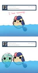 Size: 724x1360 | Tagged: safe, artist:pekou, imported from derpibooru, bon bon, lyra heartstrings, sweetie drops, earth pony, pony, sea pony, unicorn, ask my little chubbies, adorabon, ask, chubbie, cute, duo, duo female, female, lyrabetes, mare, seapony lyra, species swap, tumblr