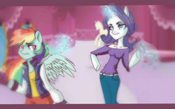 Size: 1024x640 | Tagged: safe, artist:annaiszoom, imported from derpibooru, rainbow dash, rarity, anthro, arm hooves, blurry, clothes