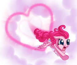 Size: 700x592 | Tagged: safe, artist:shinepawpony, imported from derpibooru, pinkie pie, pegasus, pony, flying, heart, hilarious in hindsight, pegasus pinkie pie, race swap, sonic xboom