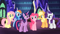 Size: 1366x768 | Tagged: safe, imported from derpibooru, screencap, applejack, fluttershy, pinkie pie, rainbow dash, rarity, twilight sparkle, pony, equestria girls, rainbow rocks, female, grin, looking at each other, mane six, twilight sparkle (alicorn)