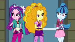 Size: 1366x768 | Tagged: safe, imported from derpibooru, screencap, adagio dazzle, aria blaze, sonata dusk, equestria girls, rainbow rocks, crossed arms, door, doors, frown, looking away, looking up, smiling, the dazzlings