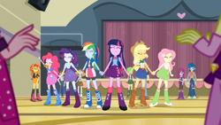 Size: 1366x768 | Tagged: safe, imported from derpibooru, screencap, adagio dazzle, applejack, aria blaze, fluttershy, mystery mint, pinkie pie, rainbow dash, rarity, scribble dee, sunset shimmer, thunderbass, twilight sparkle, valhallen, wiz kid, equestria girls, rainbow rocks, background human, balloon, blurry, boots, bracelet, cookie, eyes closed, gasp, high heel boots, holding hands, jewelry, mane six, raised arm, smiling, twilight sparkle (alicorn)