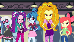 Size: 1366x768 | Tagged: safe, imported from derpibooru, screencap, adagio dazzle, apple bloom, aria blaze, photo finish, sonata dusk, equestria girls, rainbow rocks, background human, crossed arms, eyebrows, hips, lidded eyes, looking at you, smiling, smirk, the dazzlings